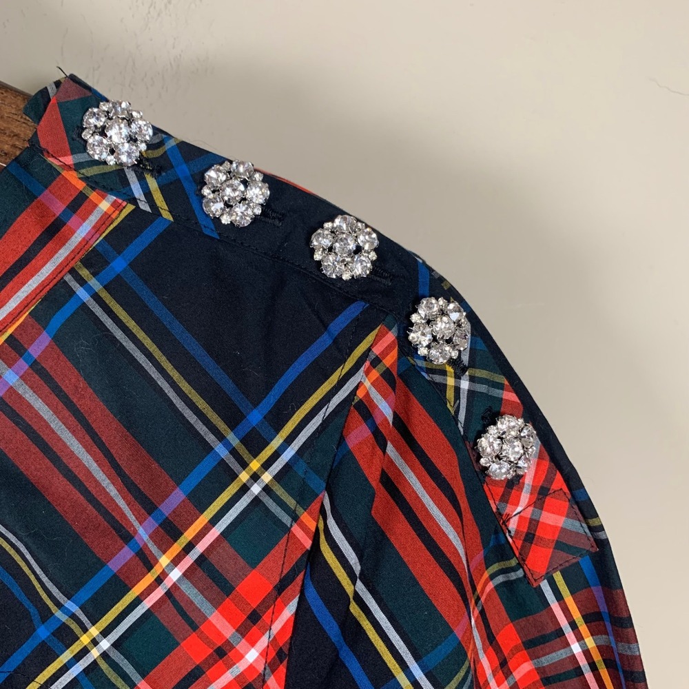 J.Crew Funnel Neck Stewart Tartan Plaid Jeweled Shoulder Blouse Size 12 - Picture 3 of 9